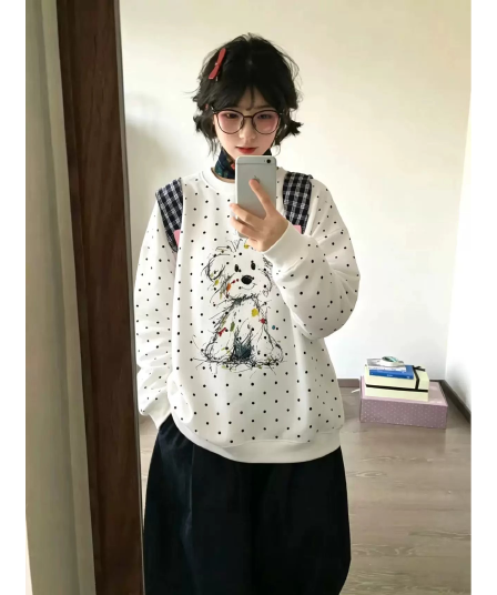 순수한 Mianhua 면 복합 얇은 스타일 털이 있는 도트 무늬 라운드 넥 후드티 여성