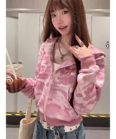 350 그램 후아 면 복잡한 우유 높은 품질 달콤한 차가운 바람 카모플라주 후드 재킷 지퍼 오픈 가디건