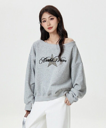 아메리칸 레트로 비스듬한 어깨 후드티 여성 가을 겨울 프린트 맨위