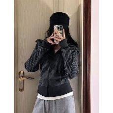 批发380克复合韩版新款撞色条纹连帽拉链开衫卫衣女撞色明线设计长袖