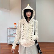 批发原版纯棉华棉面料美式复古碎花麻绳纽扣卫衣开衫连帽外套女秋季