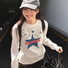 批发美式复古纯棉200克21支食毛+<b class='q'>印花</b>宽松打底束口长袖T恤女