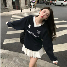 批发复合华棉 蕾丝花边拼接撞色v领美式<b class='q'>印花</b>卫衣薄款长袖上衣女