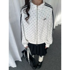 批发纯棉华棉加厚复合美式古早感满印波点立领开衫卫衣女<b class='q'>长袖</b>外套女