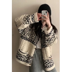 批发韩国chic秋冬复古减龄翻领牛角扣花纹提花撞色长袖针织<b class='q'>毛衣</b>外套<b class='q'>女</b>