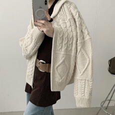 批发韩系复古双拉链头麻花毛衣外套<b class='q'>女</b>秋冬新款宽松慵懒风针织<b class='q'>开衫</b>上衣