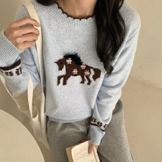 批发韩系东大门<b class='q'>手工</b>花花小马圆领简约百搭秋冬女针织衫提花宽松<b class='q'>毛衣</b>