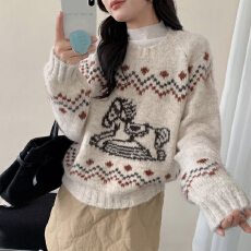 批发韩系复古小马提花圆领套头毛衣女秋冬新款小众时尚软糯针织衫上衣