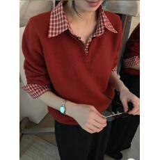 批发圣诞新年红色衬衫拼接polo领套头毛衣女秋冬内搭慵懒软糯针织上衣