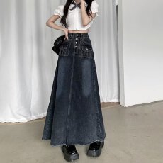 批发美式复古a字<b class='q'>牛仔裙</b>女<b class='q'>大码</b>春秋高腰胖mm遮肉显瘦毛边包臀半身长裙