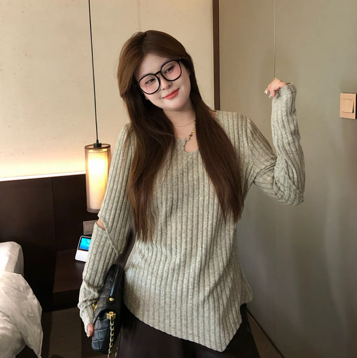 잉 잉잉 남섬 빅 사이즈 여성 의류 디자인 센스 마이크로 지방 mm 기본 셔츠 가을 품격 니트 작은 셔츠