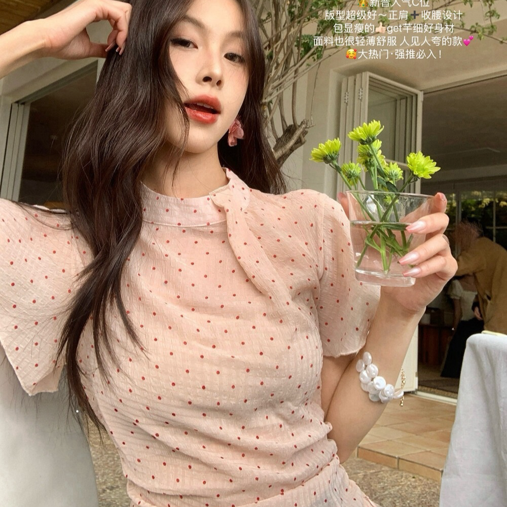 gs.good start- 아름다운 매우 권위 항구 바람 여름 품격 부드러운 도트 무늬 망사 허리 수축 작은 셔츠