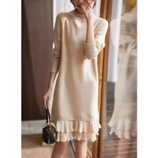 批发2025秋冬新款温柔气质加厚长袖假两件连衣<b class='q'>裙</b>荷叶边宽松显瘦打底<b class='q'>裙</b>