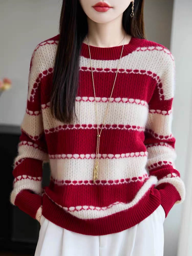 가을과 겨울 스트라이프 패치워크 색상 두꺼운 순수한 카디건 여성 라운드 넥 루즈핏 느긋한 프로 피부 보온 양모 니트 맨위