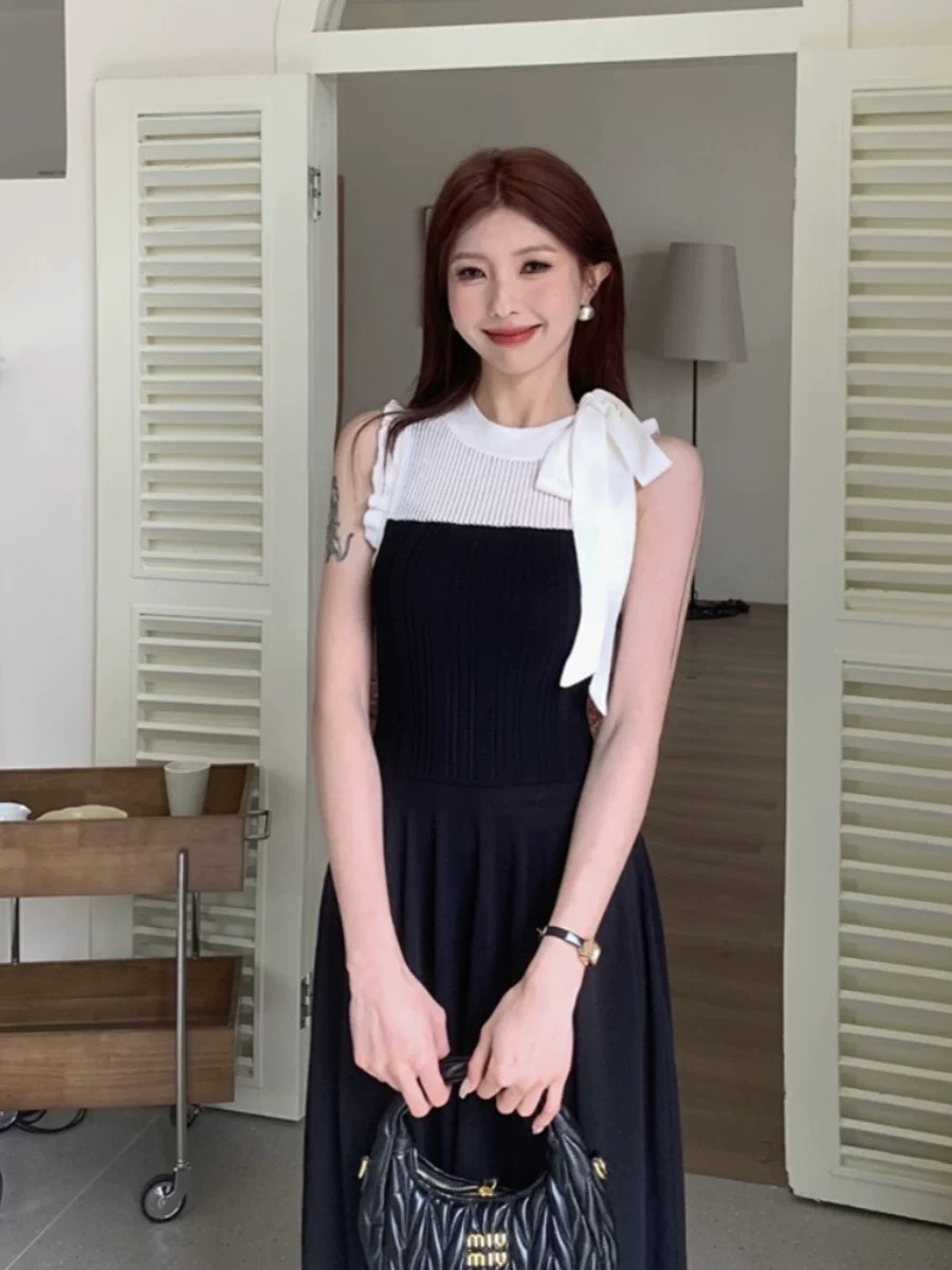품격 명문 여성 패치워크 패션 행침 목 레이스업 여성 드레스 나비 매듭 프랑스식 중간 길이 허리 수축 조끼 스커트