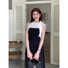 批发气质名媛拼接时尚挂脖系带连衣裙女蝴蝶结法式中长款收腰<b class='q'>背心</b>裙