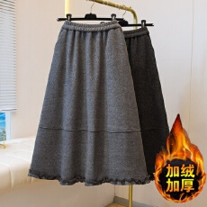 批发实拍~微胖大码甜美木耳边拼接半身裙女秋<b class='q'>冬</b>加厚加绒保暖A字大摆裙