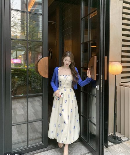 eia 하나 야오 바다 소금 coco 품격 프랑스식 천 골드 꽃무늬 드레스 슬림해 보이는 유럽 만약 바람 작은 대중 꽃밭 치마