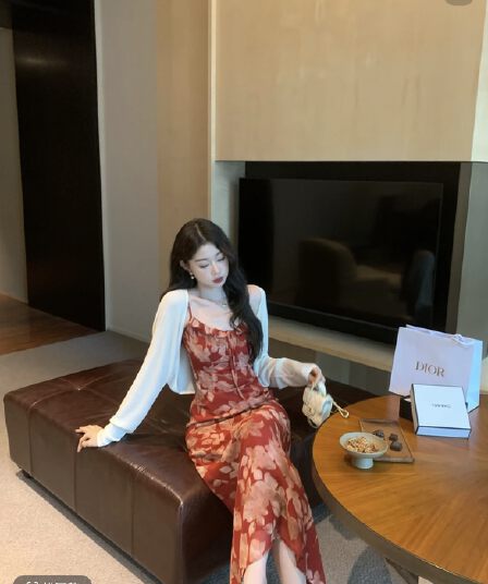 eia 하나 야오 홍당무 꽃 바다 레트로 밝은 품격 디스플레이 화이트 꽃무늬 드레스 프랑스식 슬림해 보이는 롱 스커트 여름