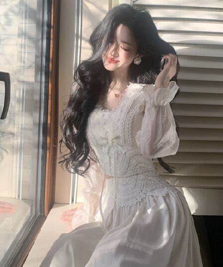 blovelan 꿀 눈꽃 양조 한 프랑스식 품격 광장 칼라 자수 레이스 맨위 큰 진자 한 마디 반 스커트 세트