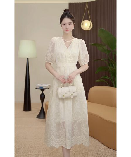 새로운 프랑스식 차 휴식 품격 아름다운 고급 절묘한 품격 허리 수축 여성 드레스