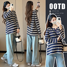 批发实拍2026春季韩风条纹宽松A字排扣设计宽松百搭显瘦亲肤孕妇上衣