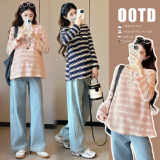 批发实拍2026春季韩风条纹宽松A字排扣设计宽松百搭显瘦亲肤孕妇上衣