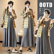 批发实拍2026春季休闲减龄韩系街头风格子开衫+针织<b class='q'>连衣裙</b>孕妇两件套