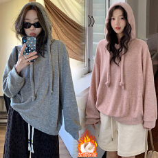 批发实拍新款秋冬毛绒针织软糯连帽落肩宽松遮肚孕妇加绒百搭上衣