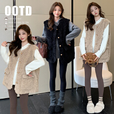 批发实拍2025<b class='q'>秋</b>冬慵懒风宽松连帽毛衣+珍珠扣羊羔毛时尚马甲孕妇套装