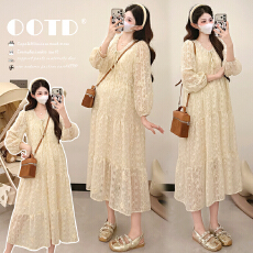 批发实拍2026春季法式温柔风遮肚显瘦气质蕾丝刺绣<b class='q'>提花</b>孕妇<b class='q'>连衣裙</b>