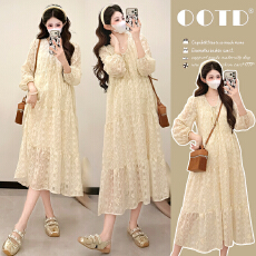 批发实拍2026春季法式温柔风遮肚显瘦气质蕾丝刺绣<b class='q'>提花</b>孕妇<b class='q'>连衣裙</b>