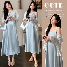 批发现2026夏新中式刺绣提花防晒开衫+缎面吊带长裙<b class='q'>宽松</b>显瘦孕妇套装