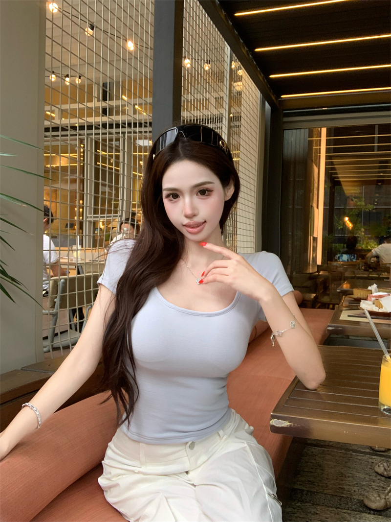 실사 순수한 욕망 반팔 티셔츠 u 넥타이 가슴 패드 허리 수축 몸매 가꾸기 긍정적 인 어깨 의류