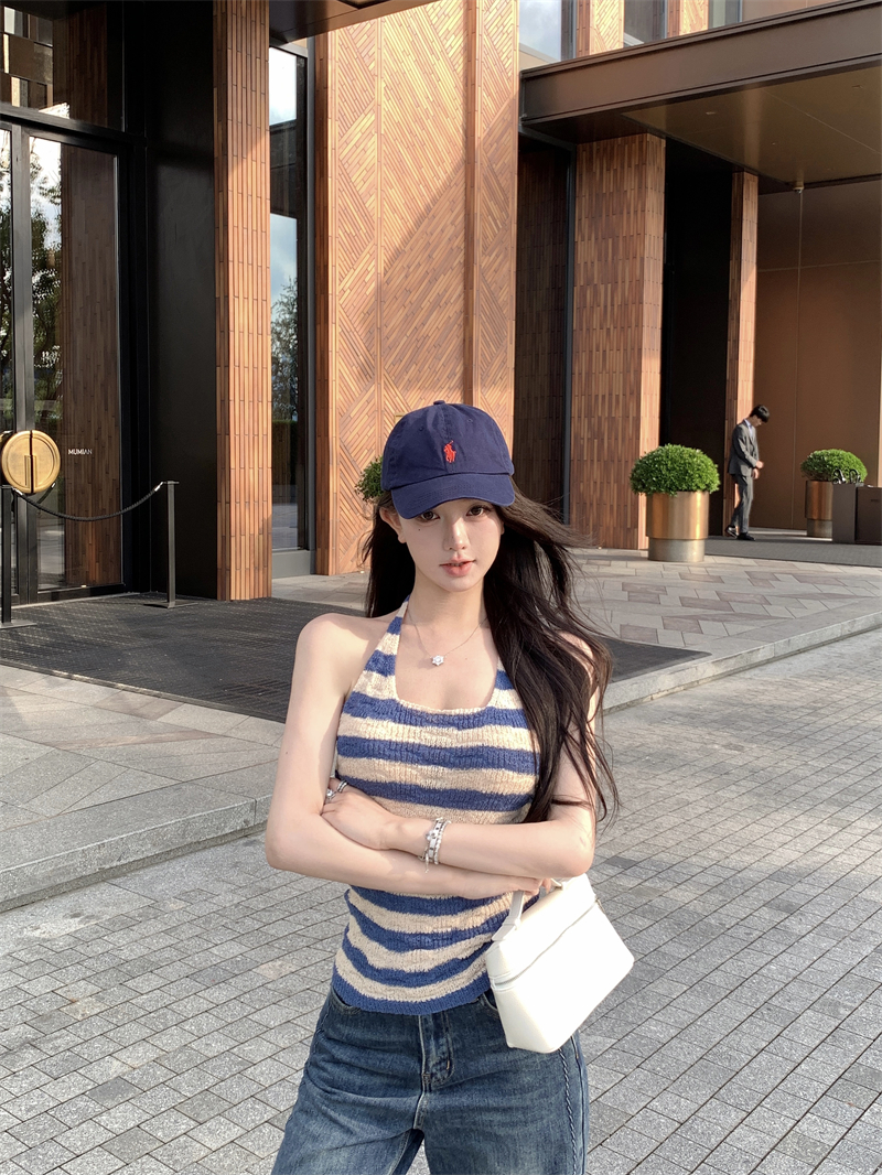 실사 스트라이프 행침 목 몸매 가꾸기 얇은 스타일 캐미솔 맨위