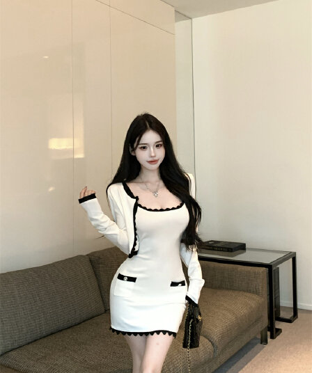 실사 디자인 센스 물결무늬 측면 배색 순수한 욕망 품격 만나는 슬립 드레스 니트 오픈 가디건 세트