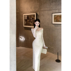 批发实拍 优美一字肩V领长袖<b class='q'>连衣裙</b>蕾丝蝴蝶结气质<b class='q'>开叉</b>裙