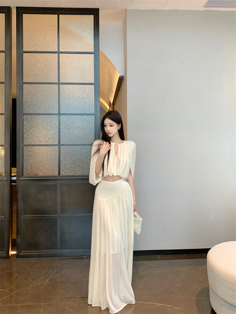 실사 디자인 센스 플리츠 망토 민소매 맨위 하이웨이스트 플리츠 우산 치마 투피스 세트