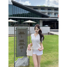 批发实拍 早春针织套装老钱风POLO短袖上衣高腰包身<b class='q'>短裤</b>