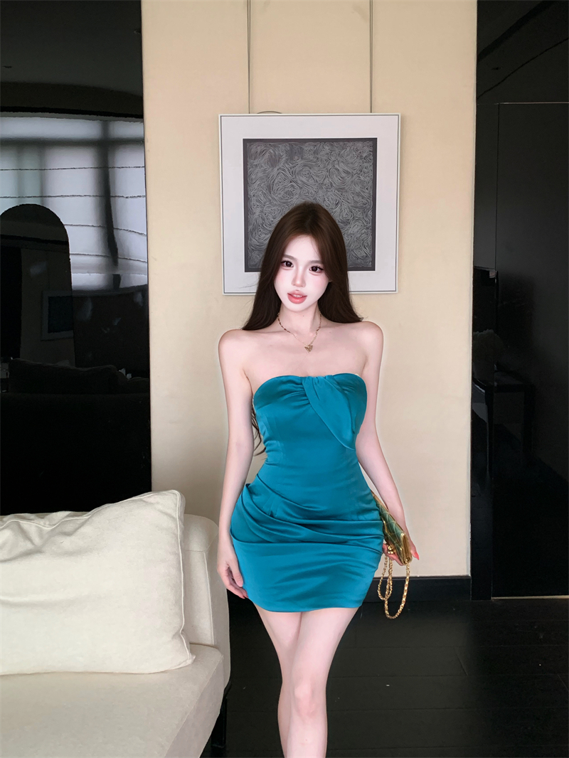 실사 파란색 새틴 튜브탑 드레스 여름 품격 순수한 욕망 허리 수축 치마