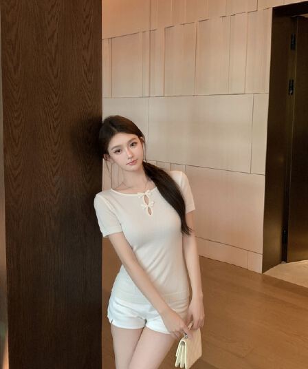 라운드 넥 나비 매듭 홀로우 아웃 자카드 니트 반팔 티셔츠 여성 여름 슬림해 보이는 맨위