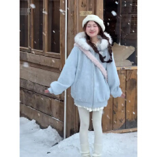 批发【原版毛呢面料】韩系加厚连帽毛领呢子大衣女秋冬季蓝色卫衣外套