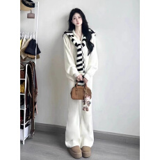 批发套装女2025秋季韩系高级感长袖针织毛衣上衣条纹披肩阔腿裤三件套