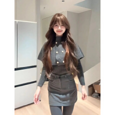 批发韩系少女感两件套女冬季新款灰色斗篷针织披肩+内搭<b class='q'>休闲</b>打底上衣