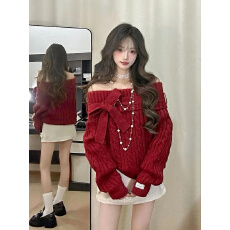 批发圣诞穿搭氛围感红色一字肩毛衣女<b class='q'>秋</b>冬蝴蝶结露肩显瘦保暖针织上衣