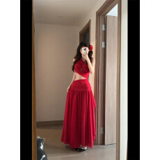 原版质量法式白色无袖斜肩连衣裙女夏季设计感长裙度假风裙子