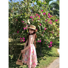 批发【原版<b class='q'>提花</b>面料】粉色碎花露背挂脖<b class='q'>连衣裙</b>女夏季度假绝美气质裙子