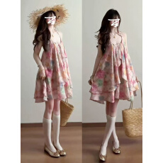 原版提花面料粉色碎花露背挂脖连衣裙女夏季度假绝美气质裙子