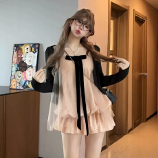 批发甜美纯欲风蝴蝶结波点吊带开衫纱网蛋糕裙女夏季显瘦花苞短裙套装