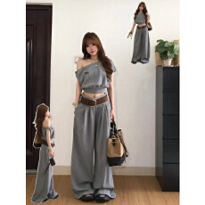 批发盐系高级感<b class='q'>运动服</b>套装女夏季显瘦<b class='q'>时尚</b>斜肩短袖阔腿裤休闲两件套潮
